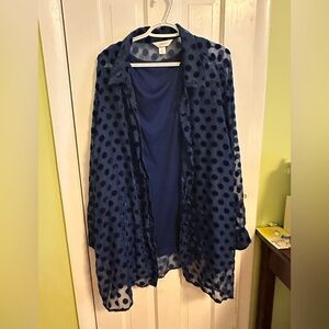 CJ Banks Navy Sheer Blouse with Polka Dots